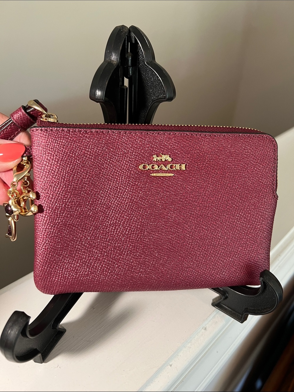 Coach Wine Saffiano Leather Wristlet with Gold Hardware